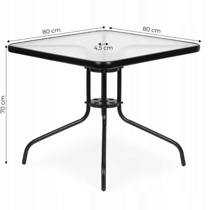 specyfikacja stolika z blatem 80x80cm i wysokością 70cm